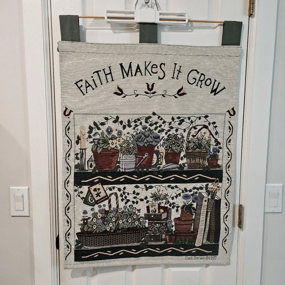 Vtg Faith Make It Grow Gardening Tapestry Wall Hanging Deb Strain 1997 READ